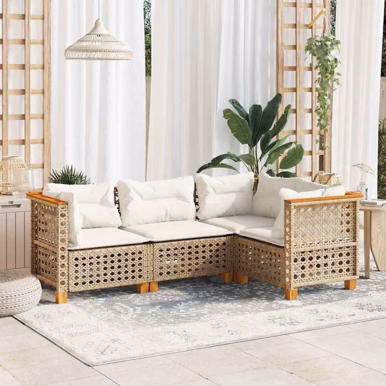 vidaXL Set Divano da Giardino a L in Polyrattan e Legno di Acacia con Cuscini Beige e Rivestimenti Rimovibili