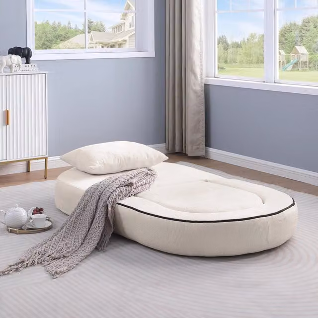 Divano modulare minimalista WISHDOR in tessuto beige con seduta reversibile e componibile per soggiorno e camera da letto