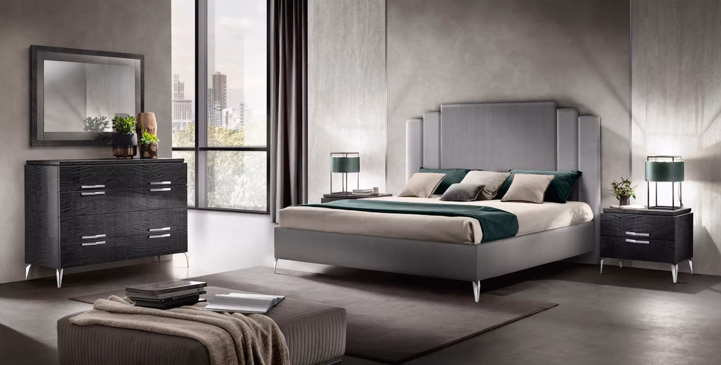 Il set camera da letto contemporaneo 5 pezzi (letto + 2 comodini + cassettiera + specchio)