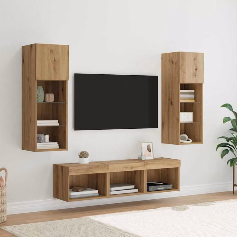 Unità TV da parete moderna vidaXL in legno e vetro, colore rovere e nero, con illuminazione integrata e scomparti multimediali, L/P/H: 60 x 30 x 30 cm