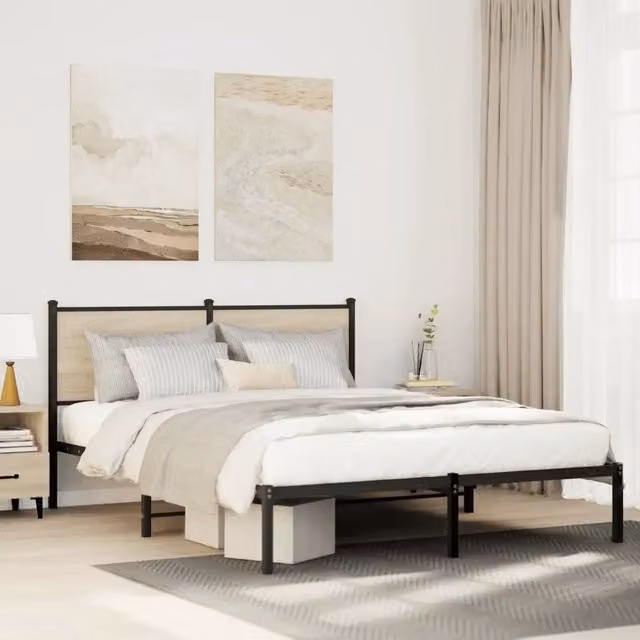 Letto con struttura in metallo e legno color rovere sonoma vidaXL L: 142 cm, P: 196 cm, H: 91,5 cm