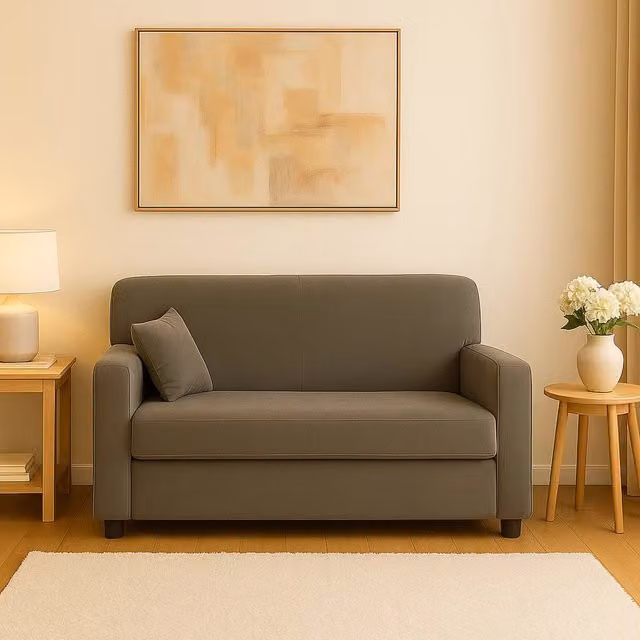 Divano moderno Andreia DMORA a 2 posti in tessuto grigio con cuscini inclusi L: 125 cm, P: 73 cm, H: 85 cm