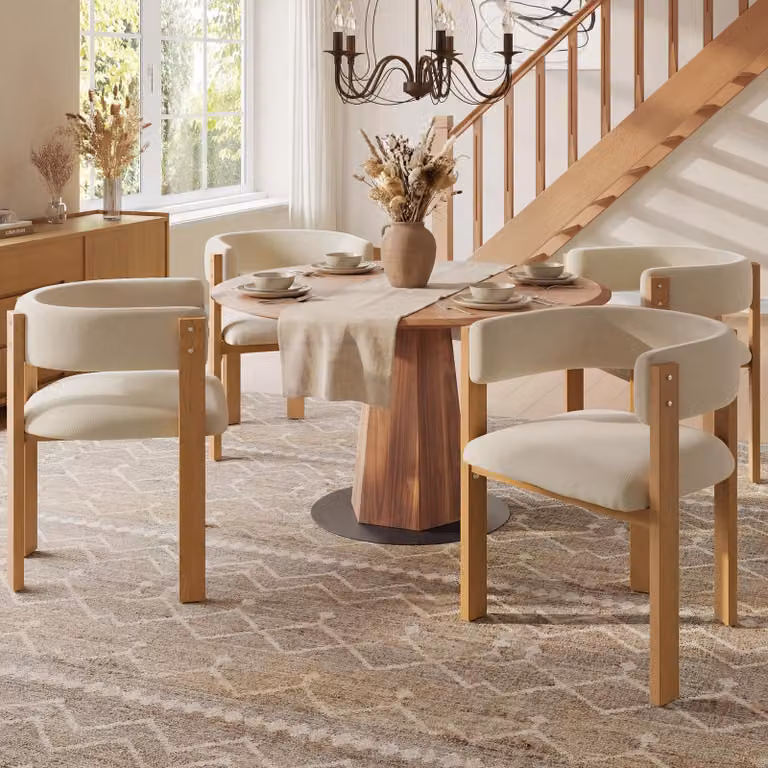 MODFU Sedia da pranzo (4 pezzi) con imbottitura spessa; poltrona da salotto con braccioli, robuste gambe in ferro e finitura effetto legno, colore beige