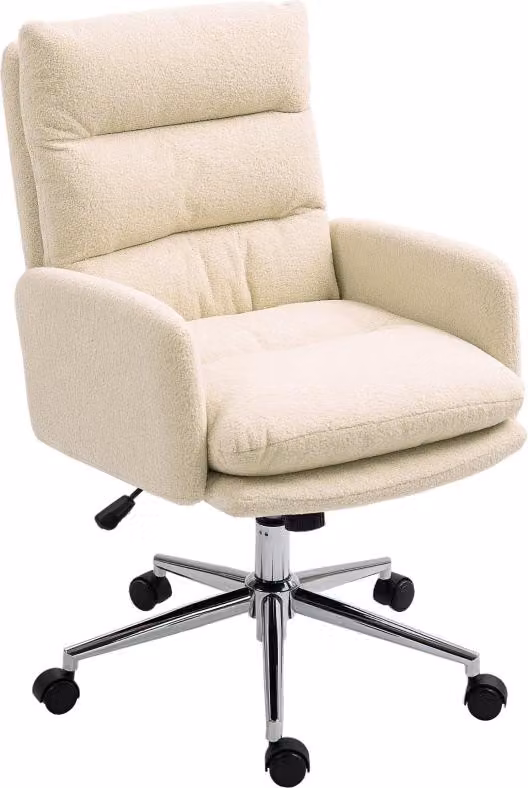 Sedia da ufficio Sedia da scrivania ergonomica con braccioli, effetto Lana, sedia girevole regolabile in altezza con funzione oscillante, sedia imbottita per l'home office, bianco crema, 58 cm, 99 cm, poliestere, 67 cm, 135 kg