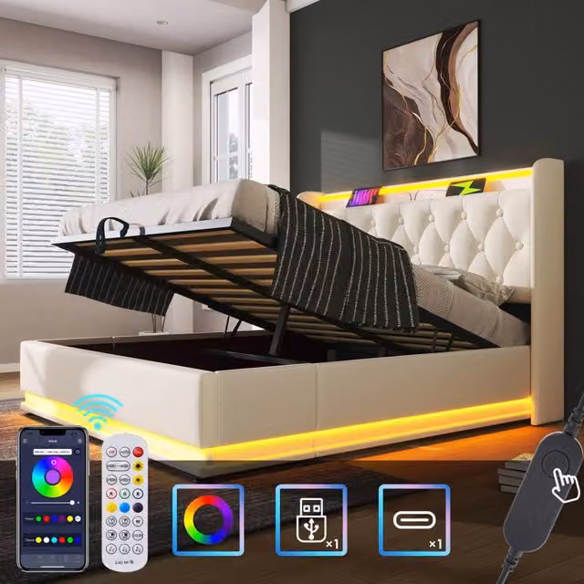 Letto imbottito matrimoniale 140x190 cm con LED 360°, telecomando/app, contenitore idraulico in PU bianco, testiera con USB Type-C, senza materasso