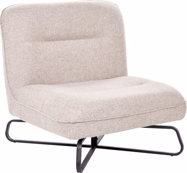 Poltrona in tessuto beige, seduta ampia, senza braccioli, struttura in metallo nero, complemento d'arredo moderno per il soggiorno