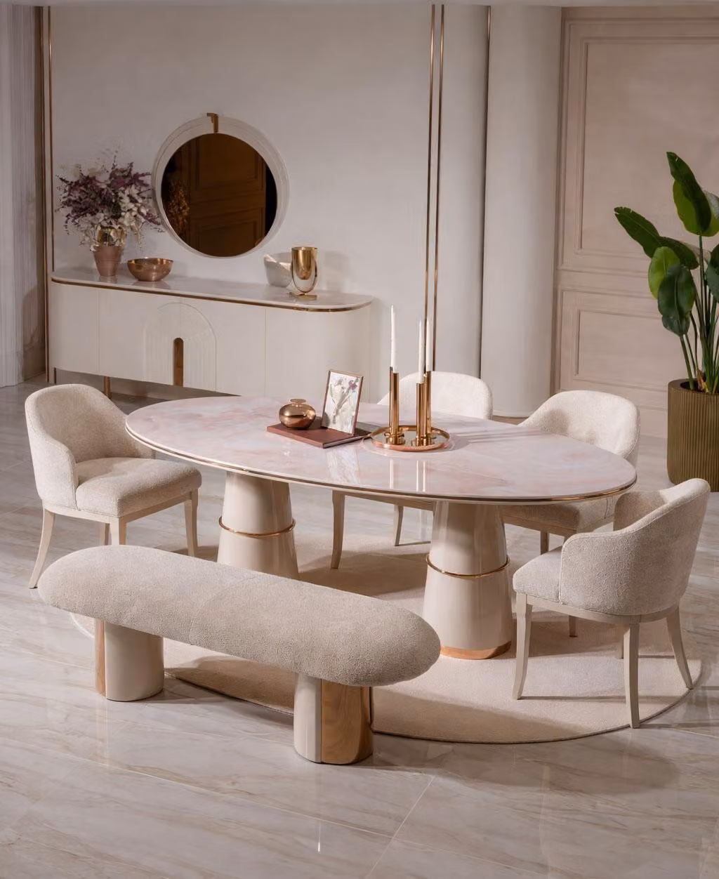 Set da pranzo beige: tavolo da pranzo, sedie, panca, credenza, specchio, mobili da sala da pranzo