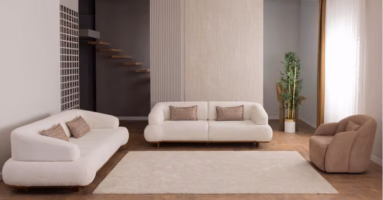 Set divani 2 divani a 3 posti e poltrona, design moderno, bouclé, bianco crema e marrone