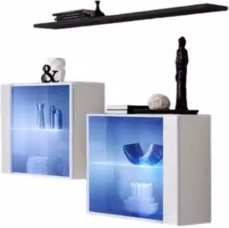 Composizione murale SWITCH SBIII – Cubi in vetro LED e scaffale – Bianco lucido e nero – Design moderno