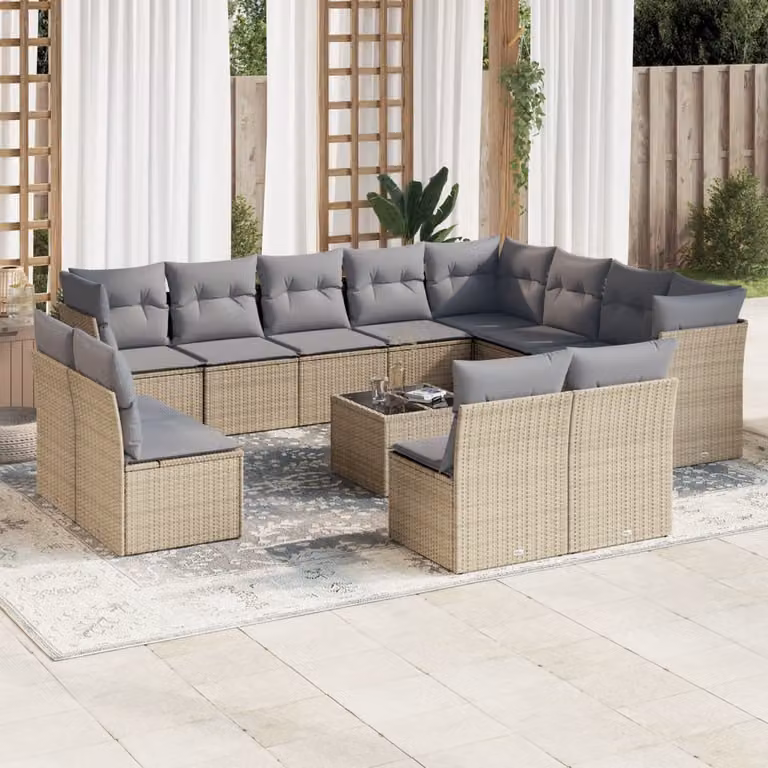 Set Divano da Giardino vidaXL 13 pz a Forma a U con Cuscini Beige e Tavolino in Vetro e Struttura in Metallo