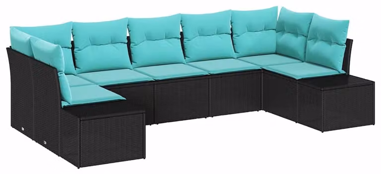 Set da giardino composto da 7 pezzi, colore nero, realizzato in rattan sintetico