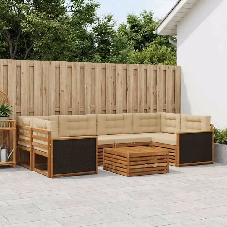 Set di divani da esterno vidaXL 7 pz in legno di acacia e poliestere beige e sabbia con tavolo da caffè e cuscini