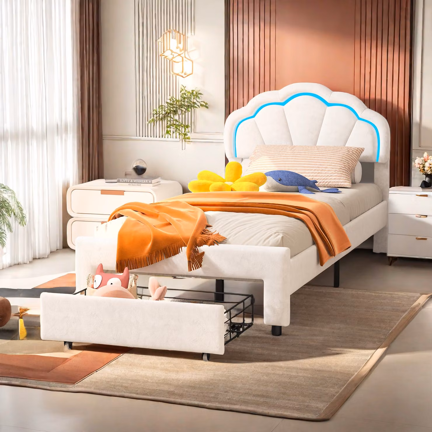 ProximaX Letto imbottito in velluto bianco 90x200cm con 1 cassetto, letto matrimoniale e rete a doghe, letto classico in legno con contenitore
