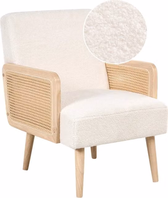Poltrona bouclé bianco sporco design retrò struttura in legno soggiorno