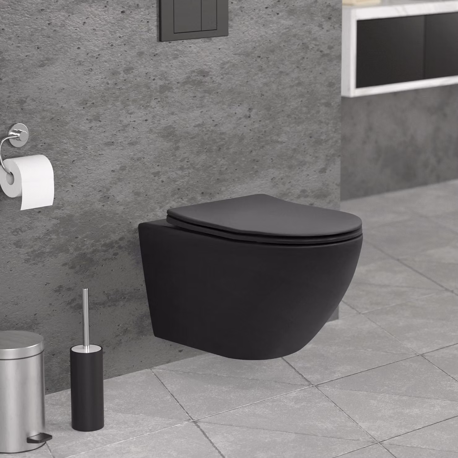 LuxeBath Wc sospeso senza bordo, lungo 54 cm, nero opaco, vaso con sedile estraibile in Duroplast con meccanismo di chiusura morbida, in Vetroceramica per sanitari