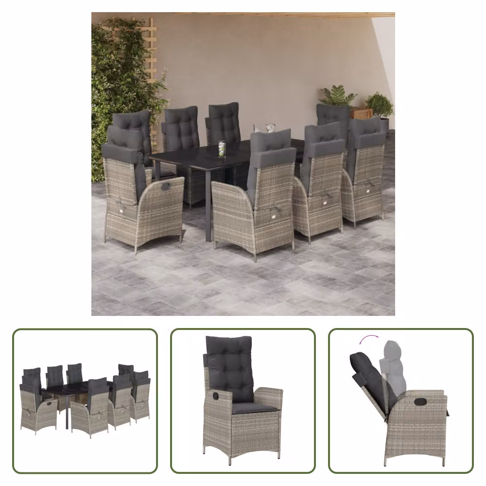 The Living Store Set da pranzo da giardino 9 pezzi con cuscini in poly rattan grigio chiaro