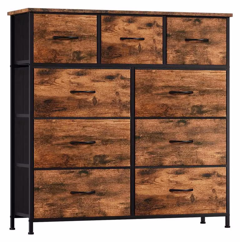 Comodino in tessuto con 9 cassetti, dimensioni 100x99x30 cm, finitura effetto legno