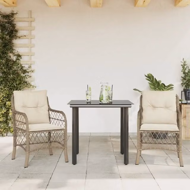 Set da Bistrò vidaXL in Polyrattan con Cuscini Beige e Piano in Vetro per Giardino e Terrazzo