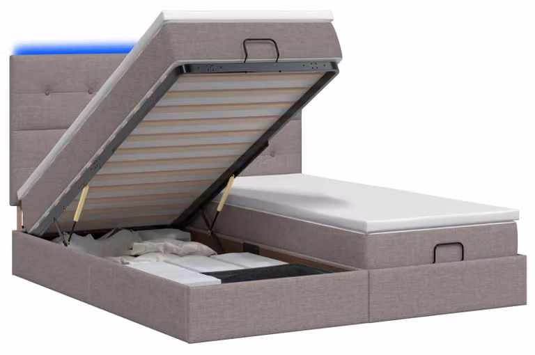Pouf contenitore con materasso e illuminazione LED, colore taupe, dimensioni 200 x 200 cm, rivestito in tessuto