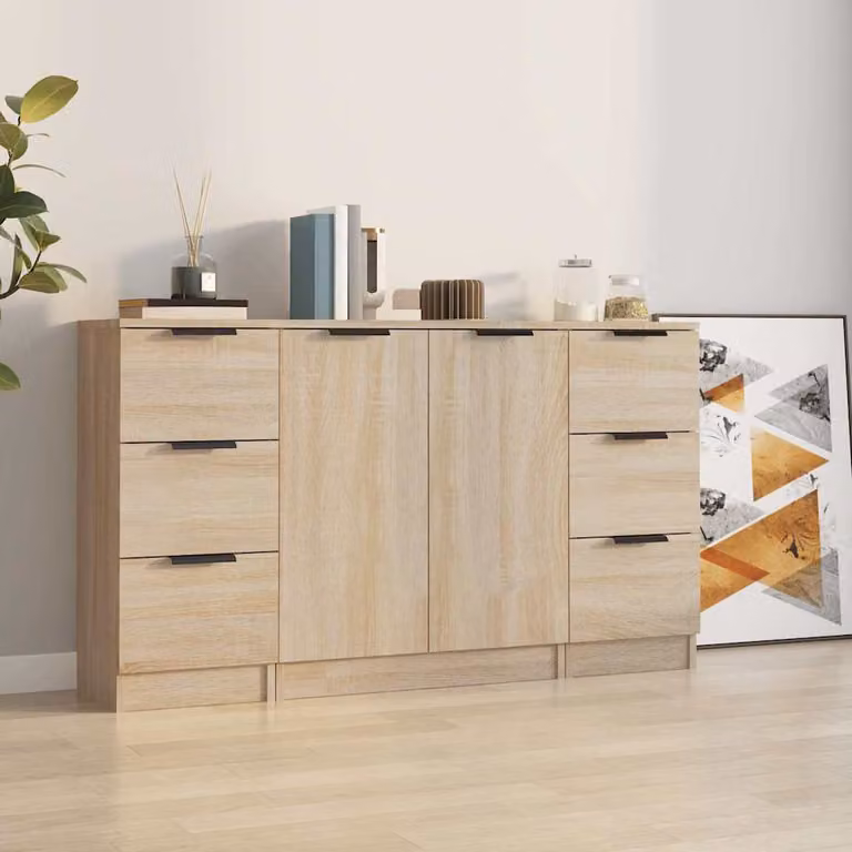 Set di 3 credenze vidaXL in legno multistrato color rovere sonoma per sala da pranzo, modello minimalista da parete