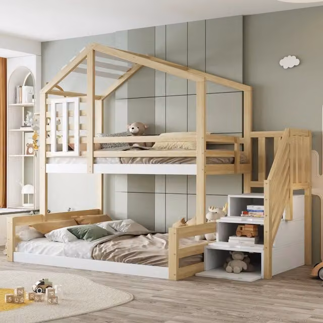 Letto a castello 90x200 cm in legno di pino con finestra, tetto a casetta, sponde, scala contenitore - Naturale
