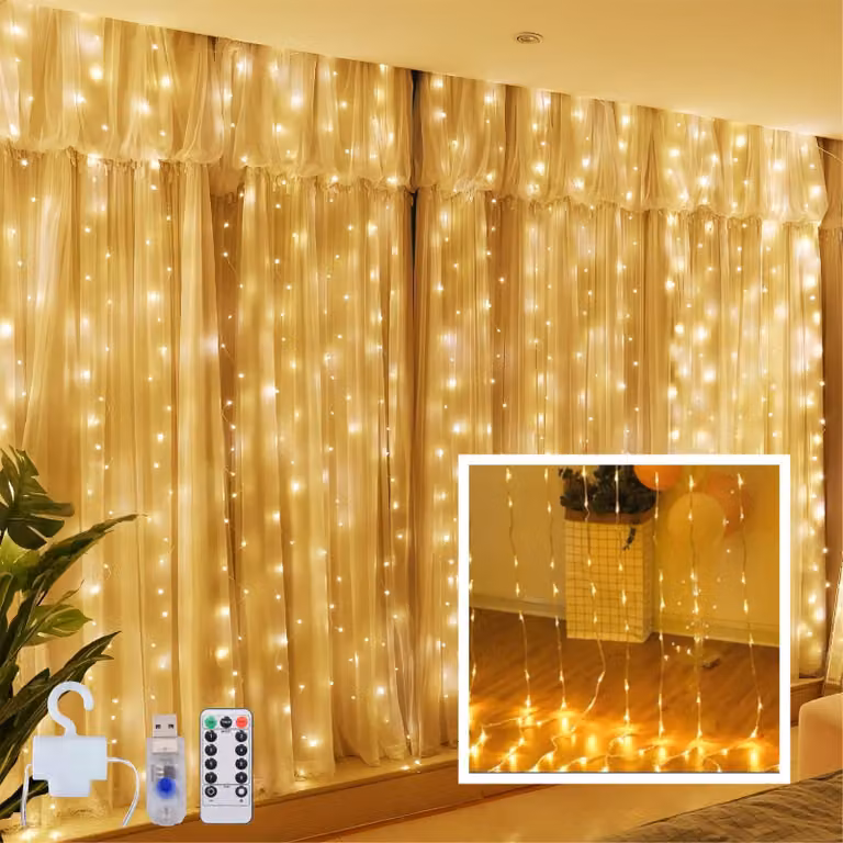 Luci a LED a cascata, dimensioni 3x3 metri, 300 LED bianco caldo, 8 modalità, alimentazione USB, grado di protezione IP44