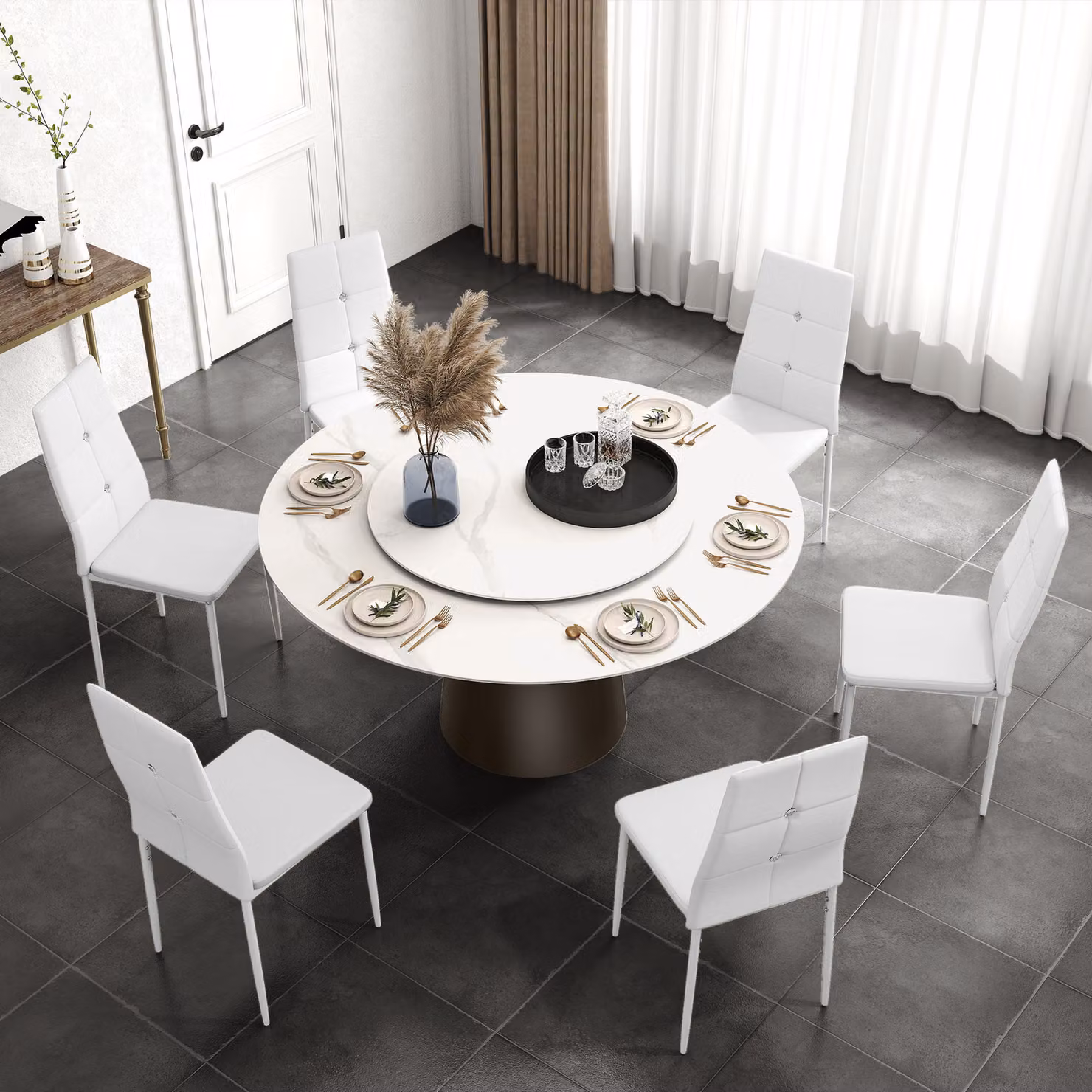 Set di 6 sedie da pranzo moderne HOMCOM con schienale alto, seduta imbottita con bottoni e gambe in acciaio, rivestimento in ecopelle bianca – 2