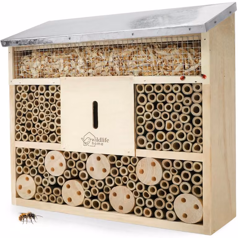 WILDLIFE HOME Alberghetto per api con tetto in metallo | Non trattato, casetta in legno massiccio per api, coccinelle e crisope, rifugio per insetti | Alberghetto per insetti da appendere