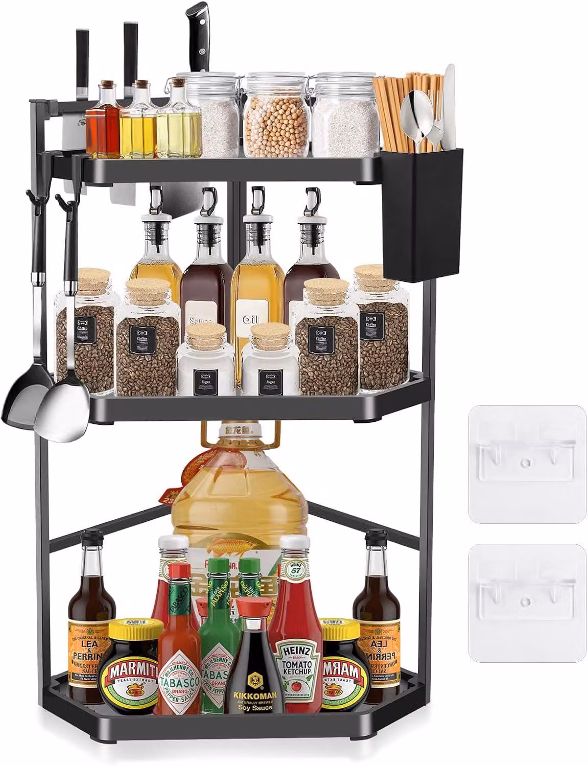 Ripiano angolare da cucina, regolabile in altezza, con 3 livelli, piano di lavoro extra-large da 60 cm, porta spezie, porta spezie triangolare da parete in acciaio inossidabile, ripiano angolare