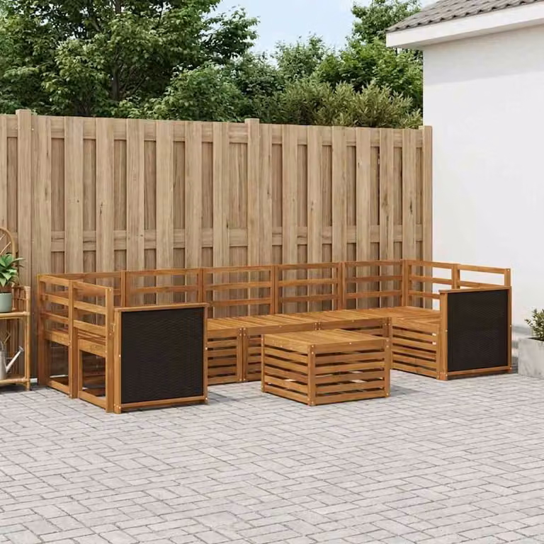 vidaXL Set di divani da esterno a L composto da 8 pezzi in legno di acacia massello marrone con cuscini inclusi e tavolino da caffè