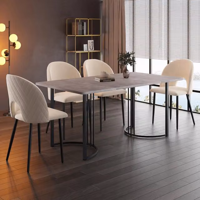 Tavolo da pranzo ULEVR 140x80x75 cm con piano in MDF effetto marmo grigio e struttura in metallo regolabile
