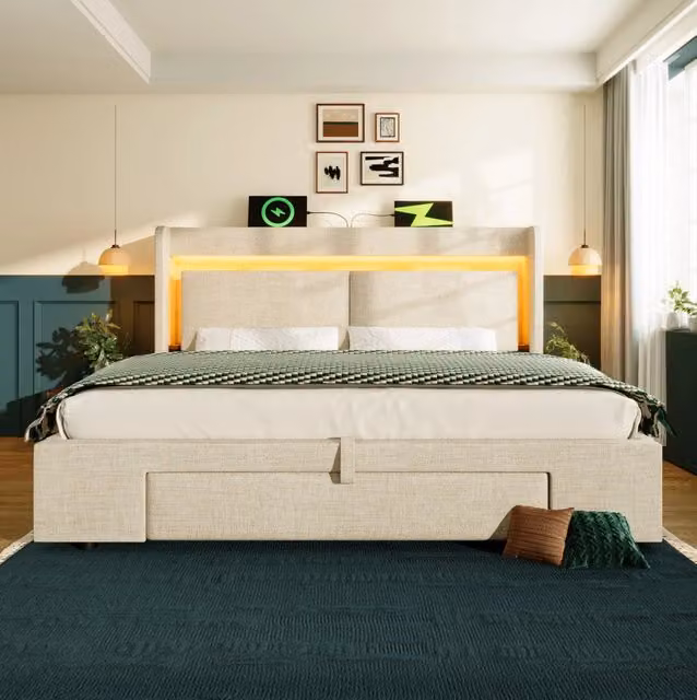 Letto matrimoniale MODFU beige con contenitore a sollevamento, illuminazione LED, porte USB e mensola integrata, L/P: 160 x 200 cm