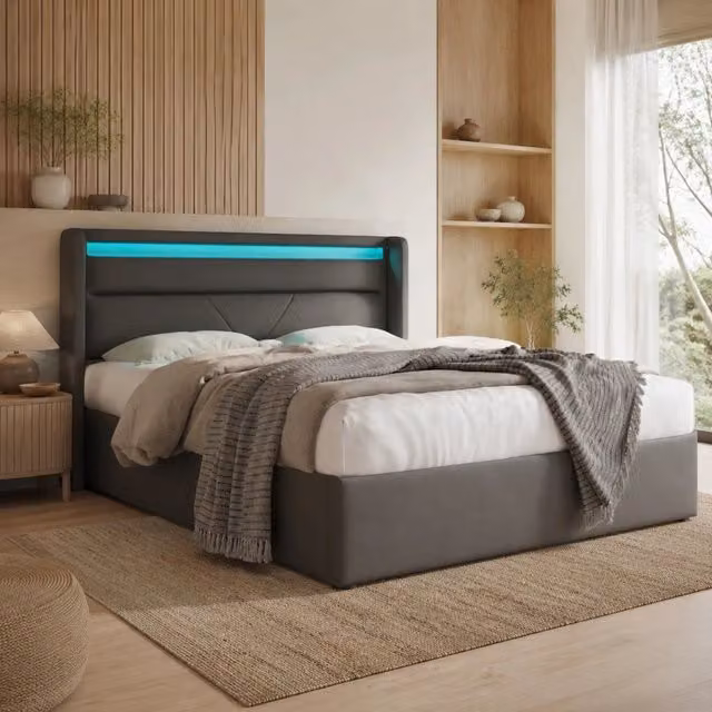 Letto contenitore idraulico con LED, letto matrimoniale imbottito 140x200 cm grigio con telecomando