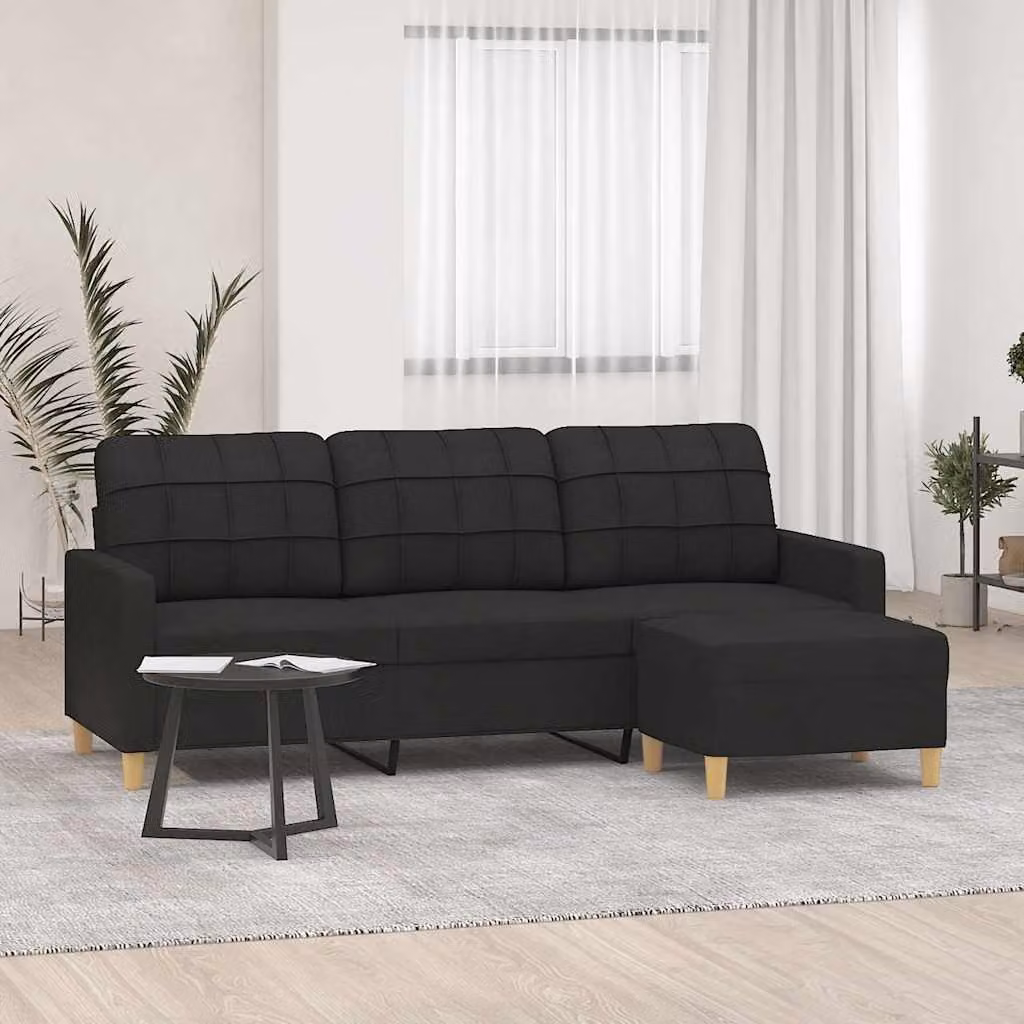 vidaXL Divano a 3 Posti Moderno con Poggiapiedi Nero in Tessuto L: 198 cm, P: 80 cm, H: 77 cm – 1