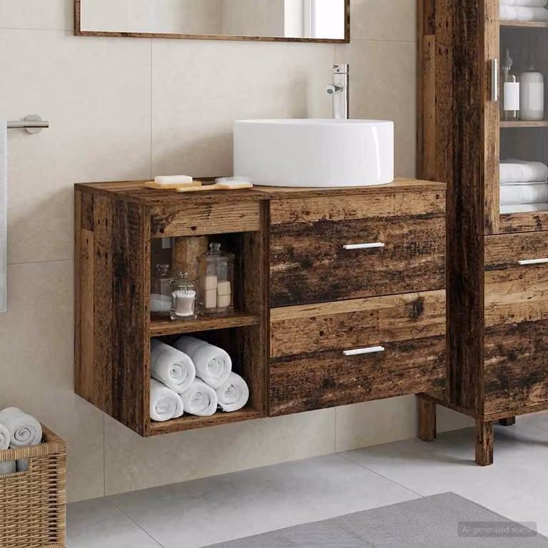 Set di mobili per il bagno moderno vidaXL in legno marrone composto da mobile lavabo e pensile a parete L/P/H: 80,0 x 44,5 x 49,5 cm e 44,5 x 34,5 x 34,5 cm