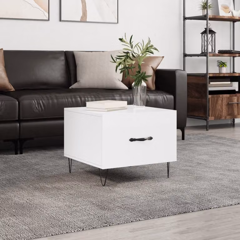 The Living Store Tavolino da salotto bianco lucido 50x50x40 cm in materiale ligneo