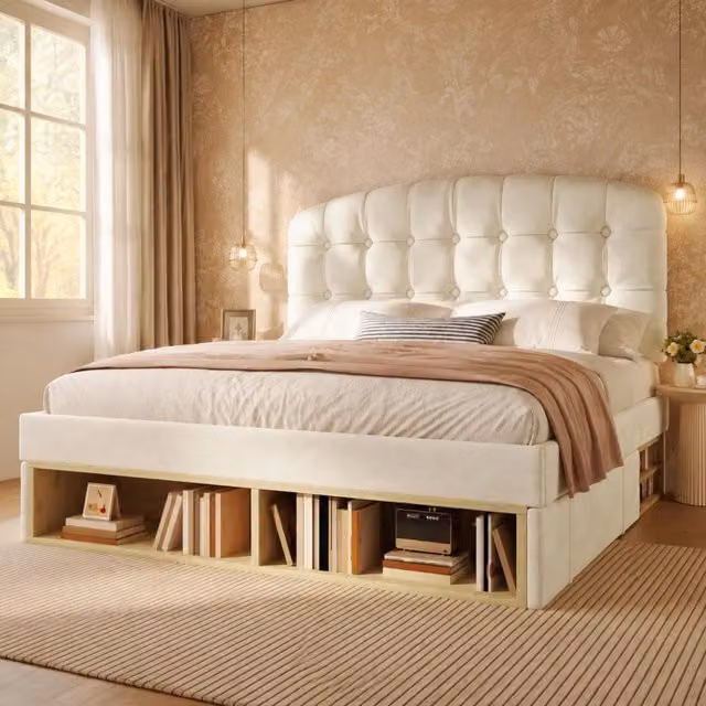 Letto matrimoniale imbottito 140x190 cm beige in velluto con rete a doghe e cassetti contenitori