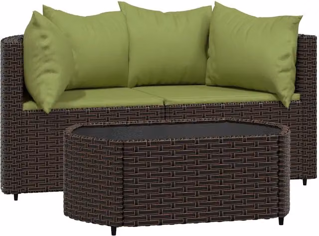 Set Mobili da Giardino Moderno a Forma di L in Polyrattan con Cuscini e Tavolino, Marrone e Verde