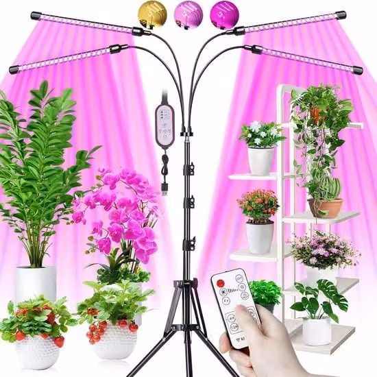 Luce LED Grow Light Multicolore con Timer e Supporto Regolabile per Piante Indoor e Giardino in Alluminio Nero