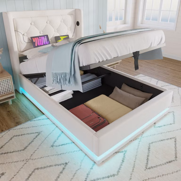 Letto con struttura a molle MODFU, idraulico, 90 x 200 cm, con illuminazione LED a 3 lati, imbottito, dotato di porta di ricarica USB di tipo C, letto singolo con spazio contenitore e presa di corrente, rivestito in ecopelle nera (senza materasso)