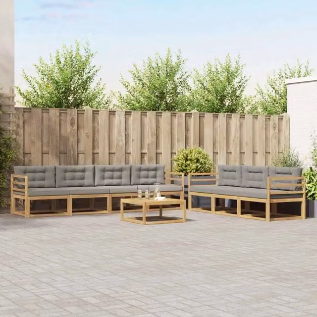 Set di divani da esterno a forma di U con tavolino vidaXL, 7 pezzi in legno di acacia con cuscini bianchi e grigi