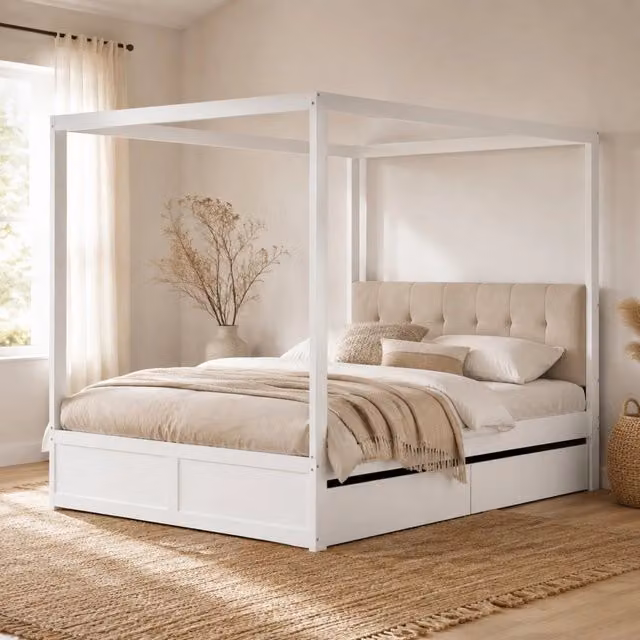 Letto a tenda 140x200 cm con testiera imbottita e 2 cassetti; bianco