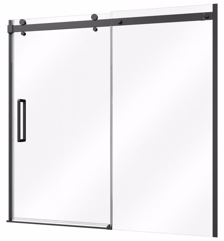 Pannello doccia SucceBuy per vasca da bagno, dimensioni 1524x1524 mm, parzialmente incorniciato, realizzato in vetro di sicurezza da 8 mm di colore nero. Porta scorrevole per vasche da bagno e docce, dotata di due maniglie in acciaio inossidabile e rivest
