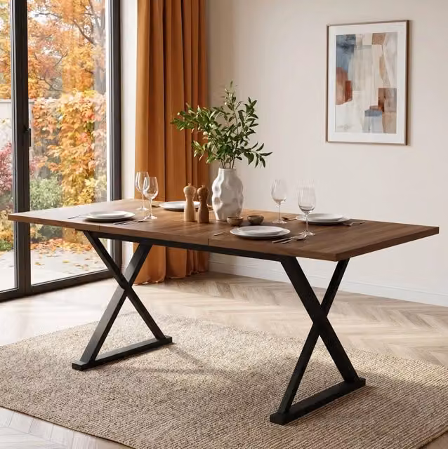 Tavolo da pranzo 180x90x75 cm in MDF con gambe in metallo a X; noce