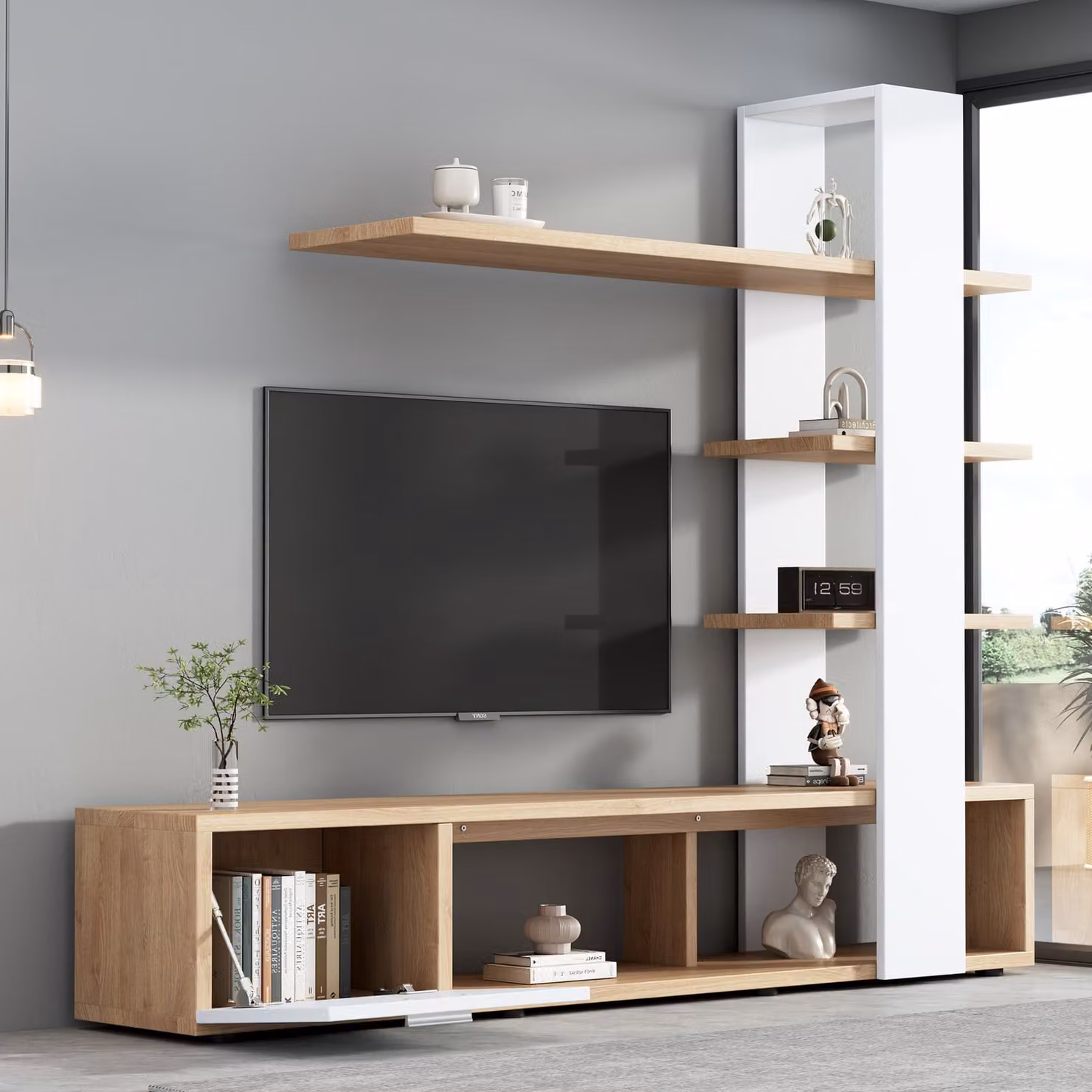 Set da soggiorno STILVORA con scaffali aperti e mobile TV basso, set di mobili da soggiorno in MDF con sistema anti-ribaltamento, set da soggiorno in finitura legno + bianco