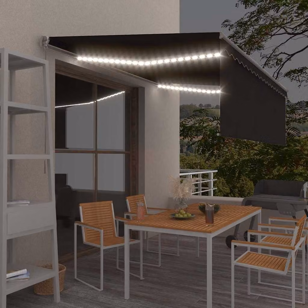 vidaXL Tenda da Sole Retrattile Manuale con LED in Poliestere e Alluminio, L: 400 cm, P: 300 cm, Colore Antracite