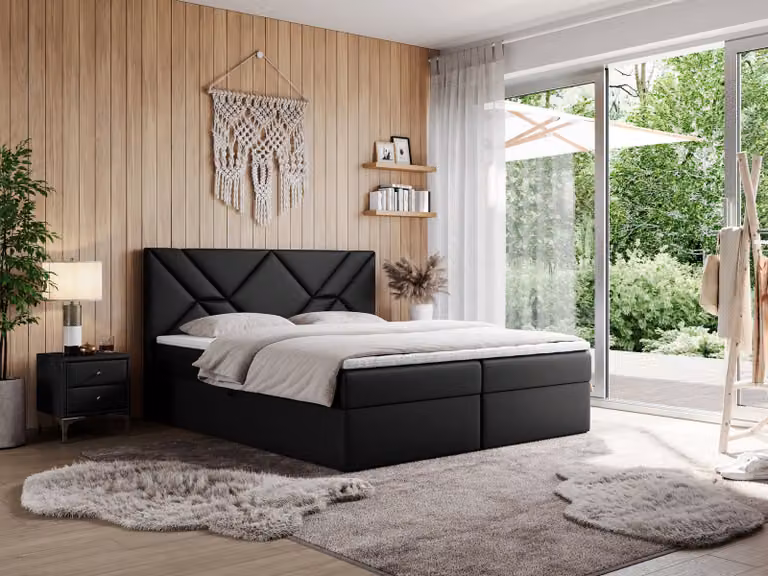 Letto boxspring MKS MEBLE 140x200 con materasso H3 e contenitore, letto matrimoniale con contenitore e topper, letto imbottito 140x200 con testiera - NEOMI - Ecopelle nera - H3