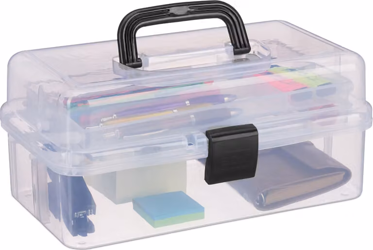 Relaxdays - Contenitore a 9 scomparti, scatola per organizzare materiale per il bricolage e il cucito, A x L x P: 14,5 x 33 x 19 cm, trasparente/nero