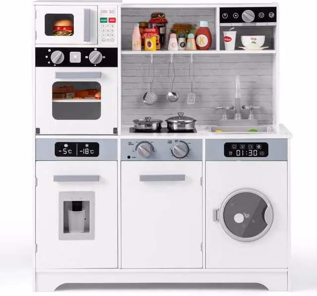 Cucina Giocattolo in Legno per Bambini con Forno, Microonde, Lavello, Rubinetto e Lavatrice, Luci e Suoni Realistici, 3+ Anni