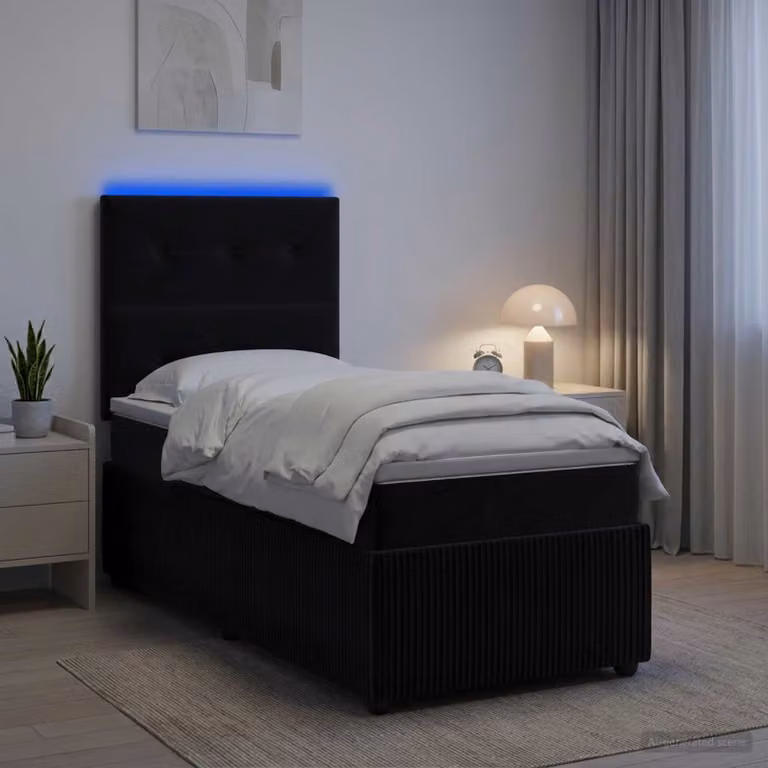 Letto Box Spring vidaXL in Velluto Nero con Materasso Ibrido, Illuminazione LED e Porta USB, L 200 cm x L 80 cm